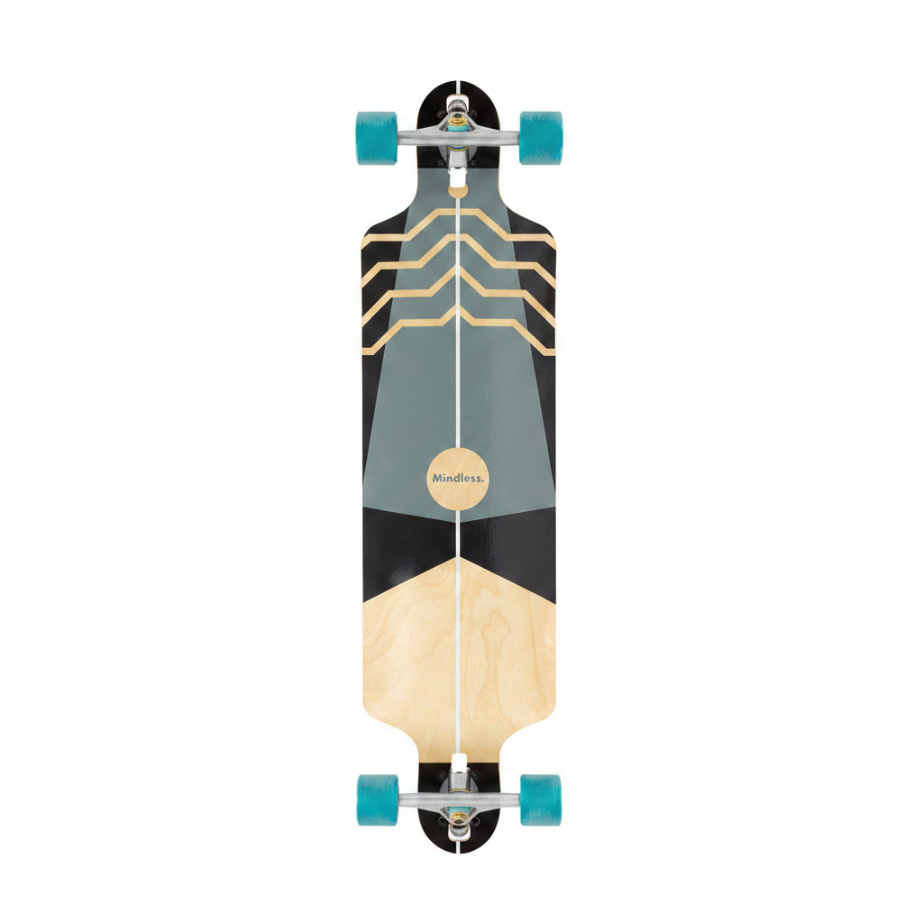 Longboard deck with geometric design and Mindless branding on a white background