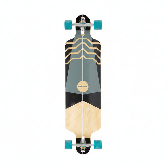 Longboard deck with geometric design and Mindless branding on a white background